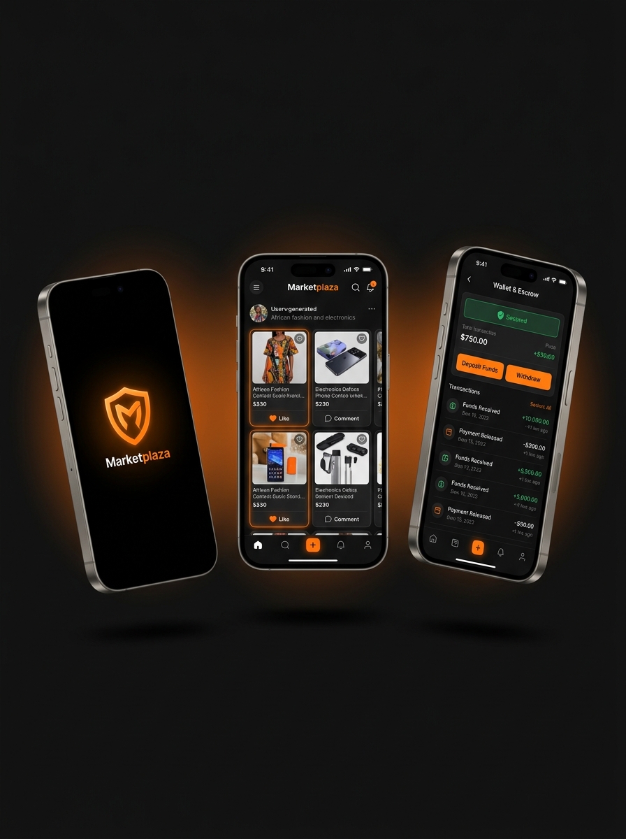 Marketplaza app screens showing TikTok-style discovery feed, wallet, and escrow